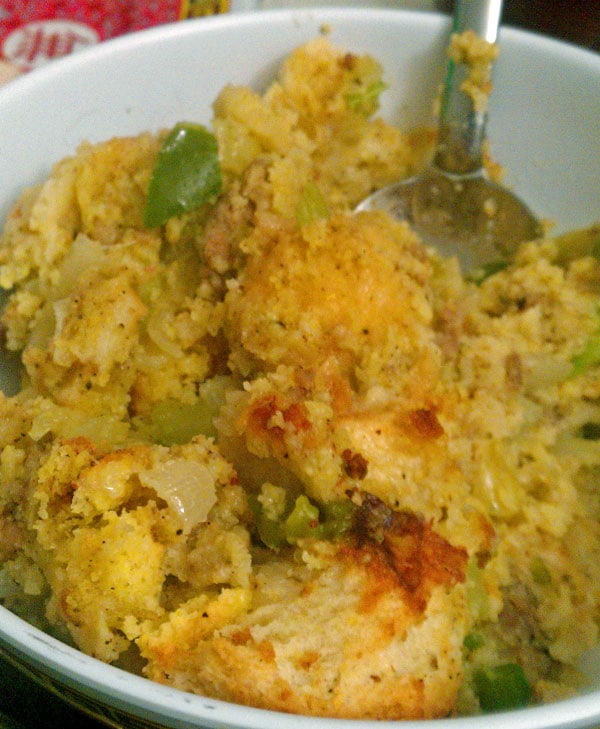 old Cornbread and Sausage Dressing Recipe photo in a white bowl