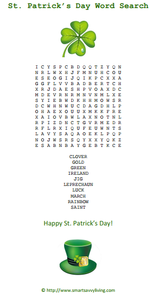 Free Printable St. Patrick's Day Word Search | SmartSavvyLiving.com