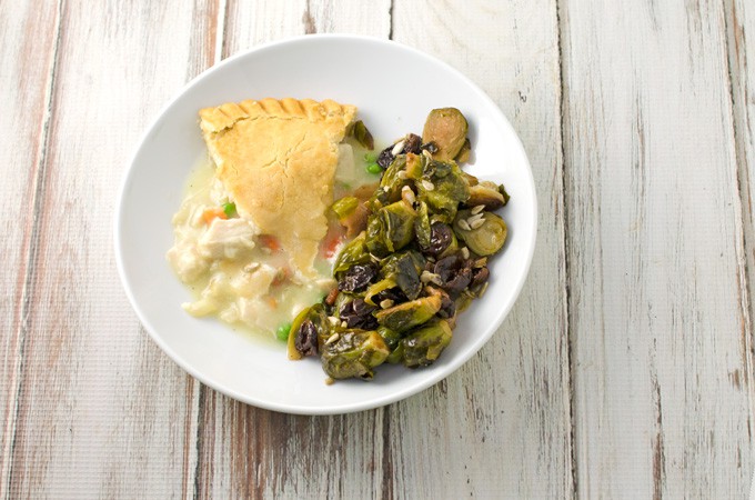 Cherry-Bacon-Brussels-Sprouts-Recipe-with-Marie-Callender's-Chicken-Pot-Pie-Plated