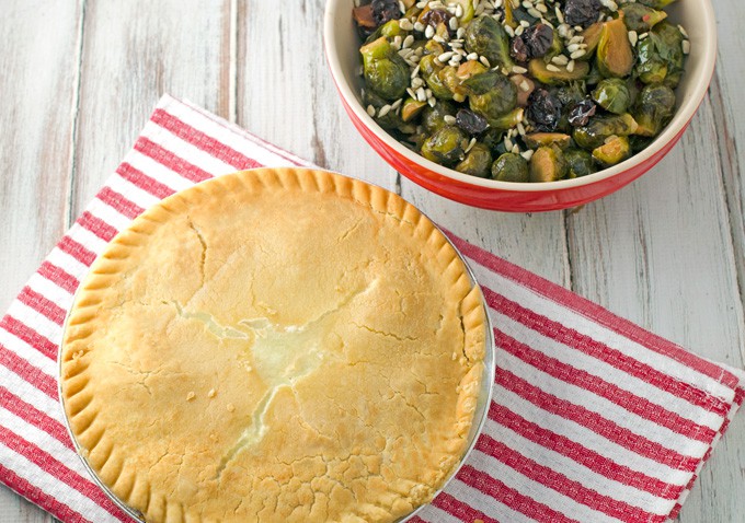 Cherry-Bacon-Brussels-Sprouts-Recipe-with-Marie-Callender's-Chicken-Pot-Pie-ready-to-eat