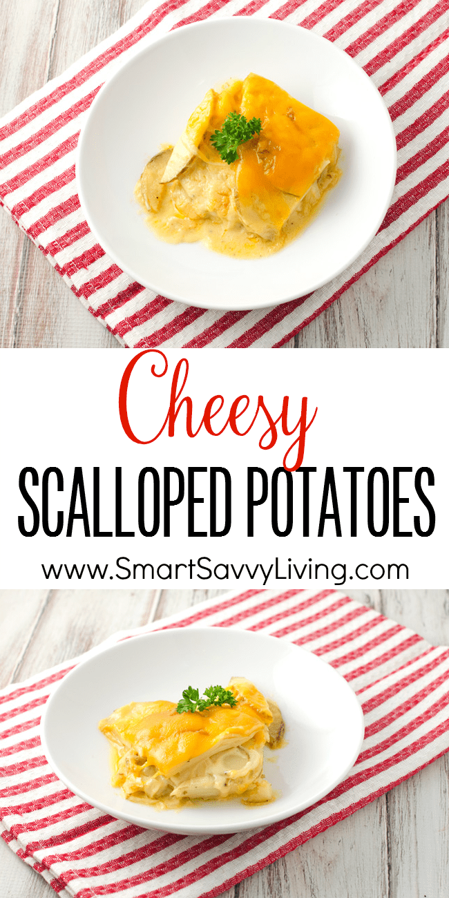 Cheesy Scalloped Potatoes Recipe | This easy scalloped potatoes recipe is full of cheesy goodness. It’s great as a side dish for just about any meal, but especially during Thanksgiving and Christmas with ham or a standing rib roast. I’ll admit I even like to eat the leftovers for breakfast!