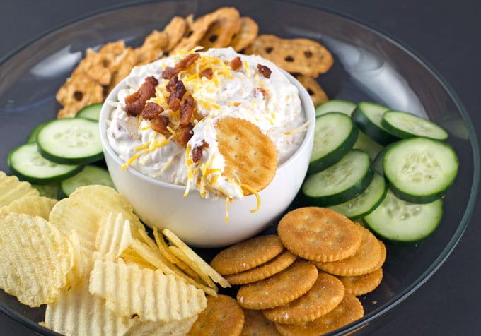 Creamy Cheesy Bacon Ranch Dip Recipe | This easy ranch dip is sure to be one of your guests favorite game day appetizers recipes. The first time I made this as a test recipe, we loved it so much it kind of turned into dinner. At least it helped me eat more veggies! Creamy Cheesy Bacon Ranch Dip Recipe | This easy ranch dip is sure to be one of your guests favorite game day appetizers recipes. The first time I made this as a test recipe, we loved it so much it kind of turned into dinner. At least it helped me eat more veggies!