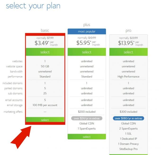 bluehost select plan with arrow