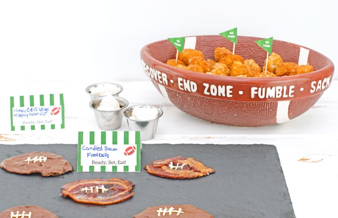 Candied Bacon Footballs Recipe - tablescape of game day recipes including bacon footballs, ranch dip, and boneless chicken wings